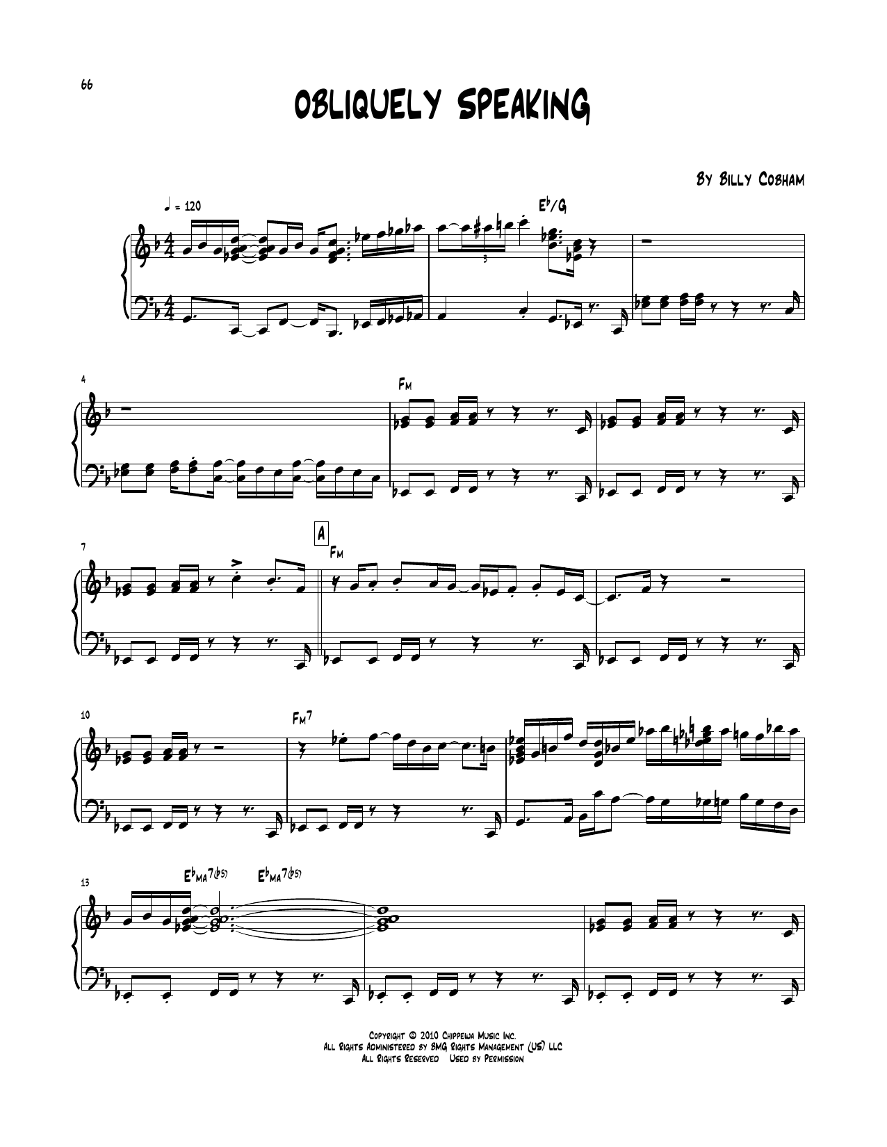Billy Cobham Obliquely Speaking sheet music notes and chords arranged for Piano Transcription