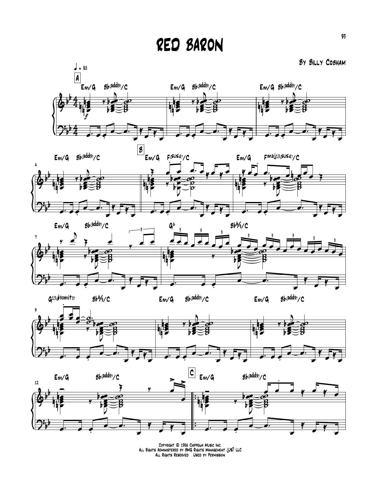 Billy Cobham Red Baron sheet music notes and chords arranged for Piano Transcription