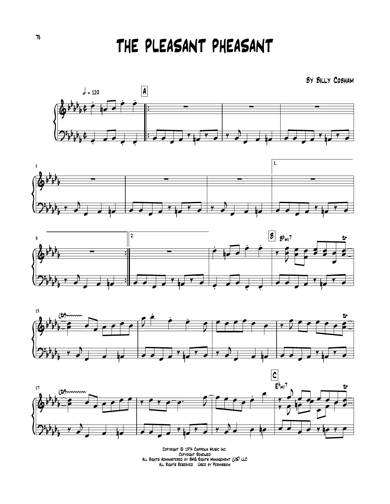 Billy Cobham The Pleasant Pheasant sheet music notes and chords arranged for Piano Transcription
