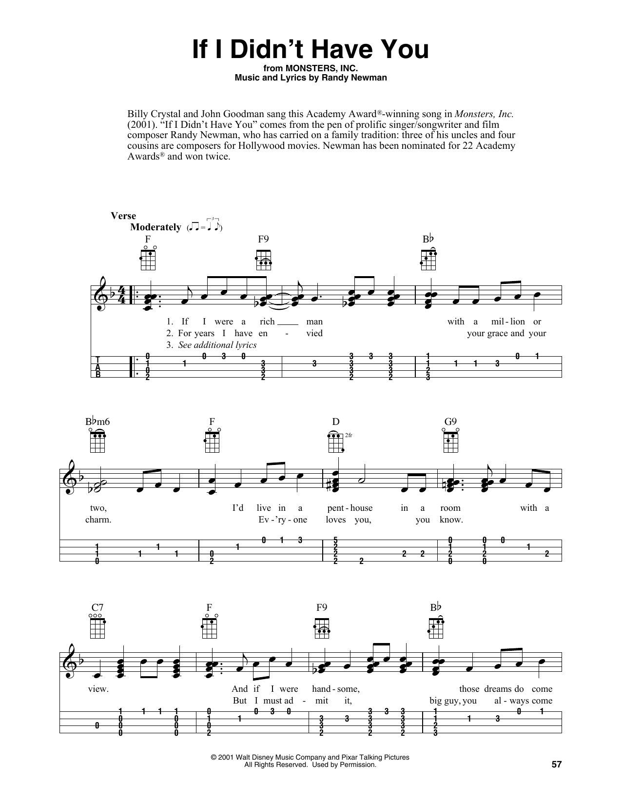 Billy Crystal and John Goodman If I Didn't Have You (from Monsters, Inc.) (arr. Fred Sokolow) sheet music notes and chords arranged for Easy Ukulele Tab