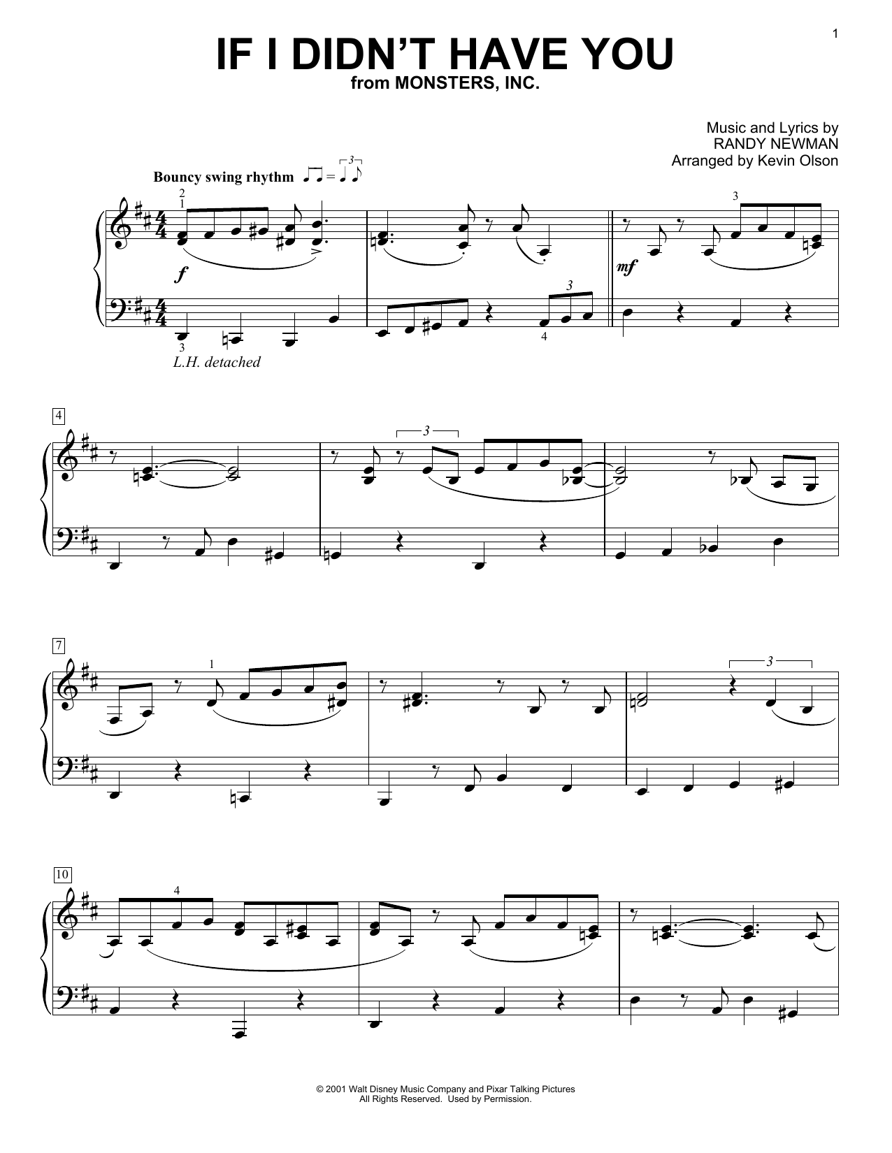Billy Crystal and John Goodman If I Didn't Have You (from Monsters, Inc.) (arr. Kevin Olson) sheet music notes and chords arranged for Easy Piano Solo