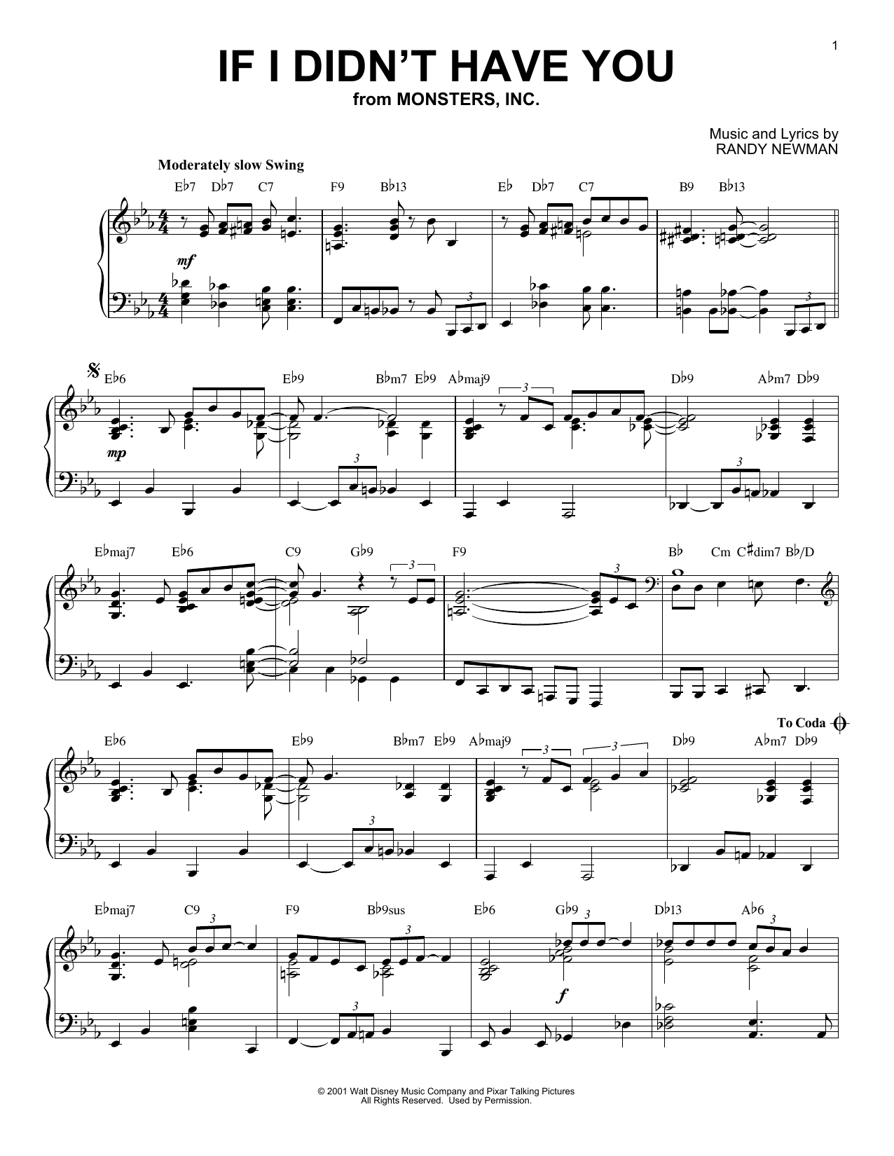 Billy Crystal and John Goodman If I Didn't Have You [Jazz version] (from Disney's Monsters, Inc.) sheet music notes and chords arranged for Piano Solo