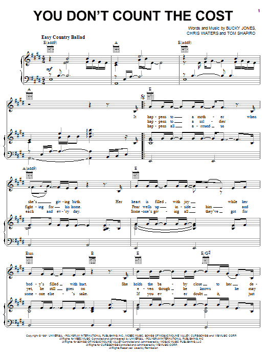 Billy Dean You Don't Count The Cost sheet music notes and chords arranged for Piano, Vocal & Guitar Chords (Right-Hand Melody)