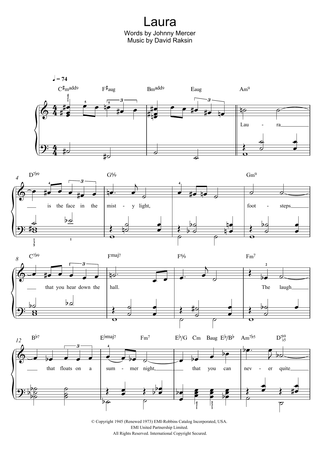 Billy Eckstine Laura sheet music notes and chords arranged for Easy Piano