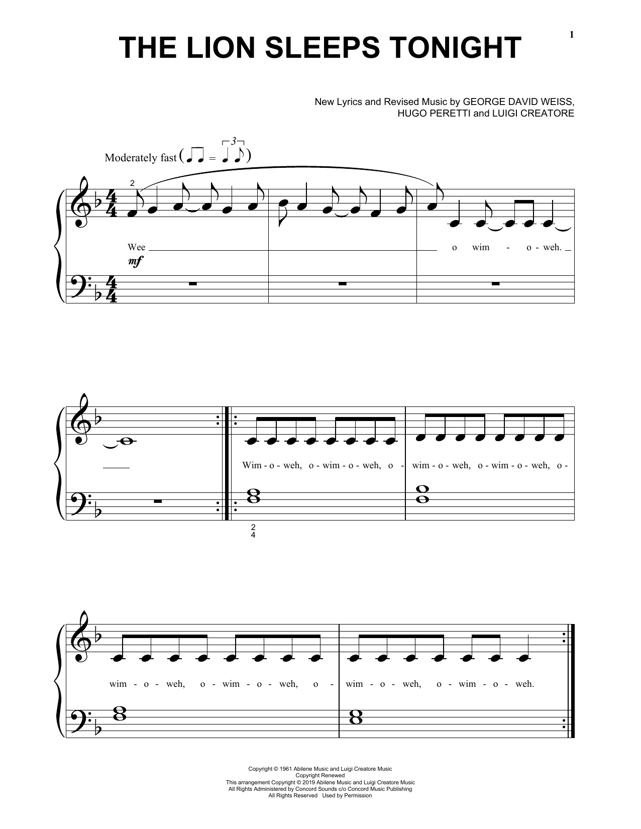 Billy Eichner and Seth Rogen The Lion Sleeps Tonight (from The Lion King 2019) sheet music notes and chords arranged for Big Note Piano