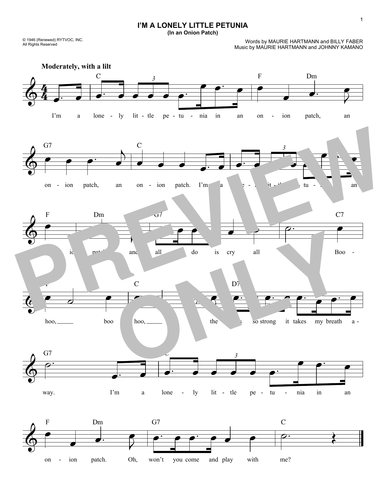 Billy Faber I'm A Lonely Little Petunia (In An Onion Patch) sheet music notes and chords arranged for Lead Sheet / Fake Book