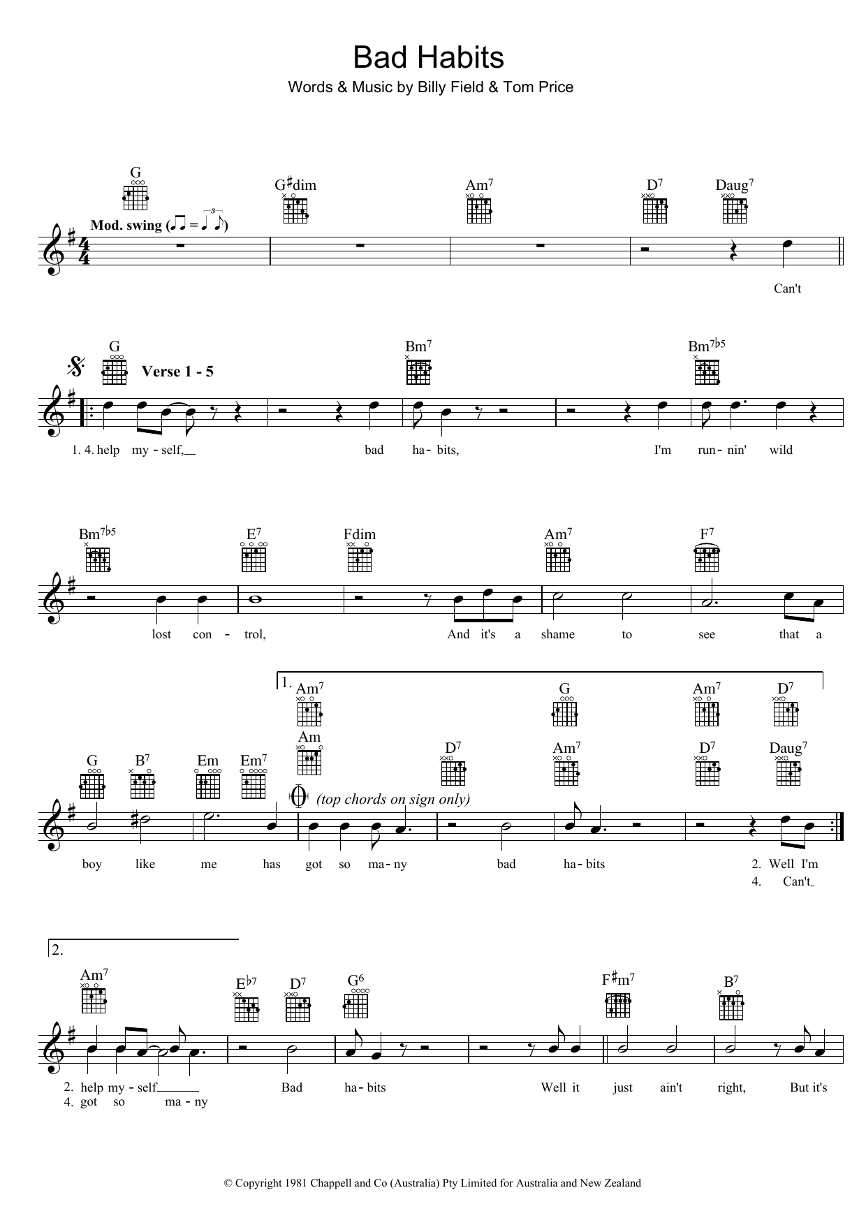 Billy Field Bad Habits sheet music notes and chords arranged for Lead Sheet / Fake Book