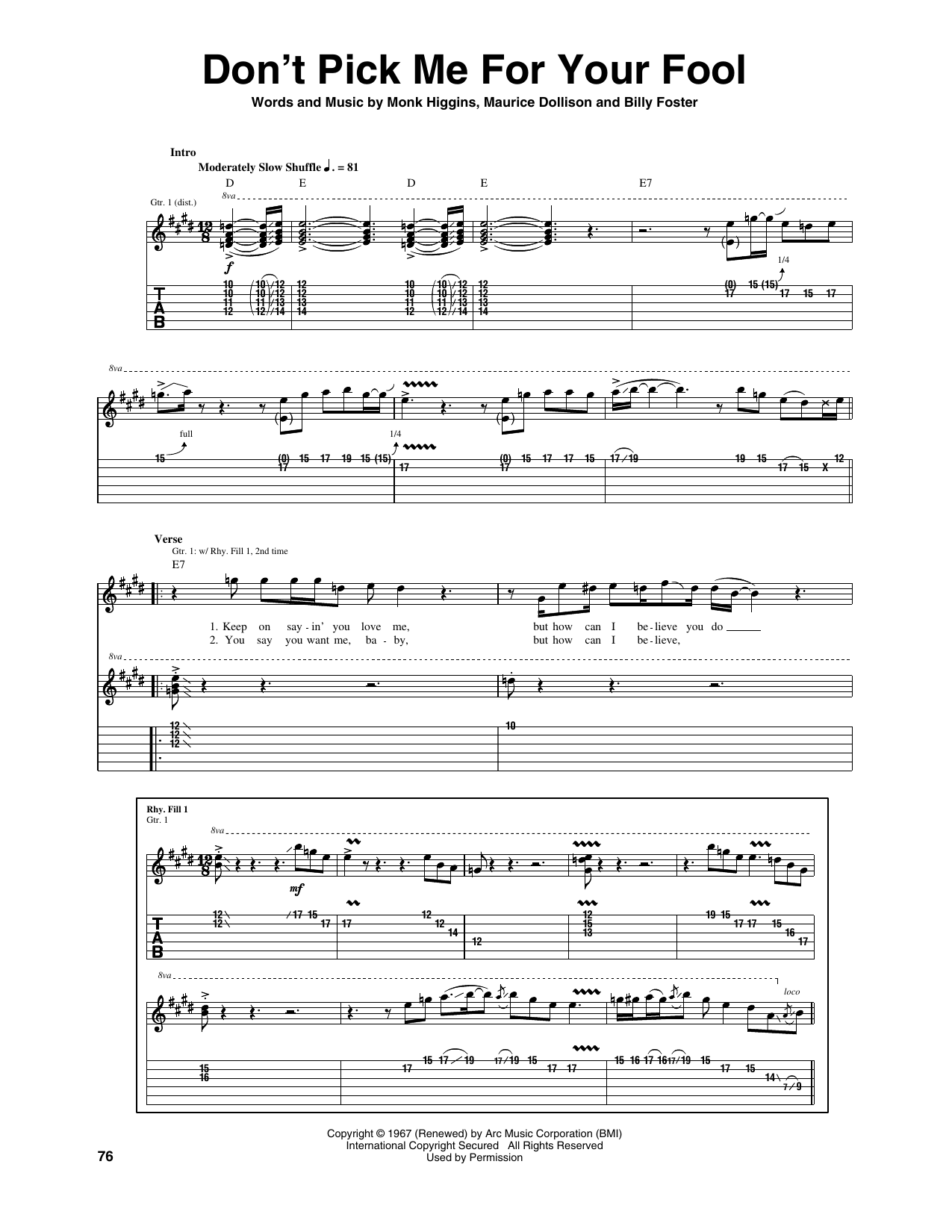 Billy Foster Don't Pick Me For Your Fool sheet music notes and chords arranged for Guitar Tab