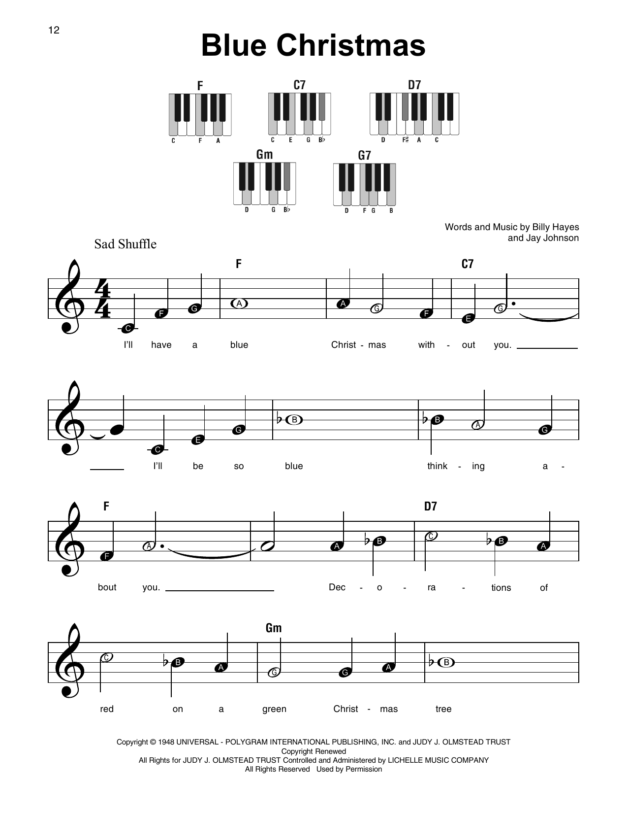 Billy Hayes Blue Christmas sheet music notes and chords arranged for Super Easy Piano
