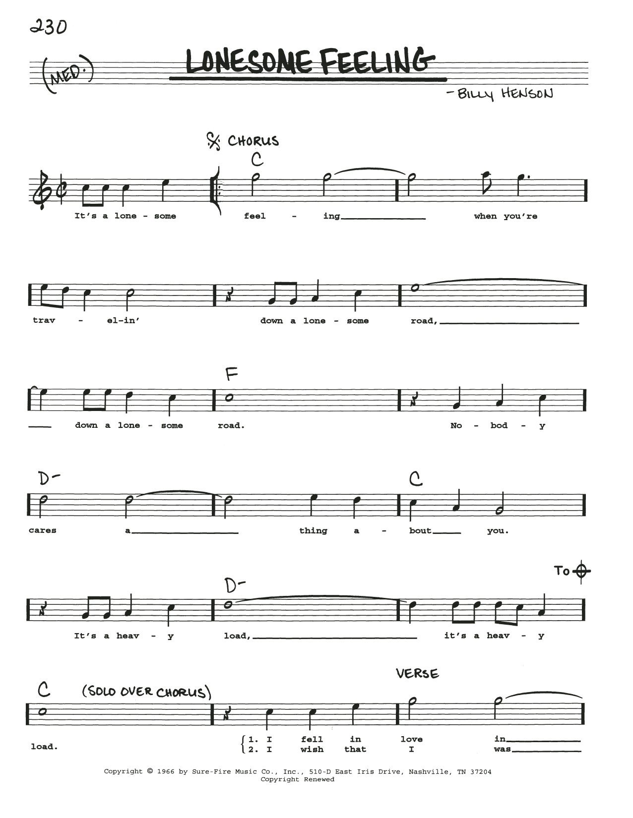 Billy Henson Lonesome Feeling sheet music notes and chords arranged for Real Book – Melody, Lyrics & Chords