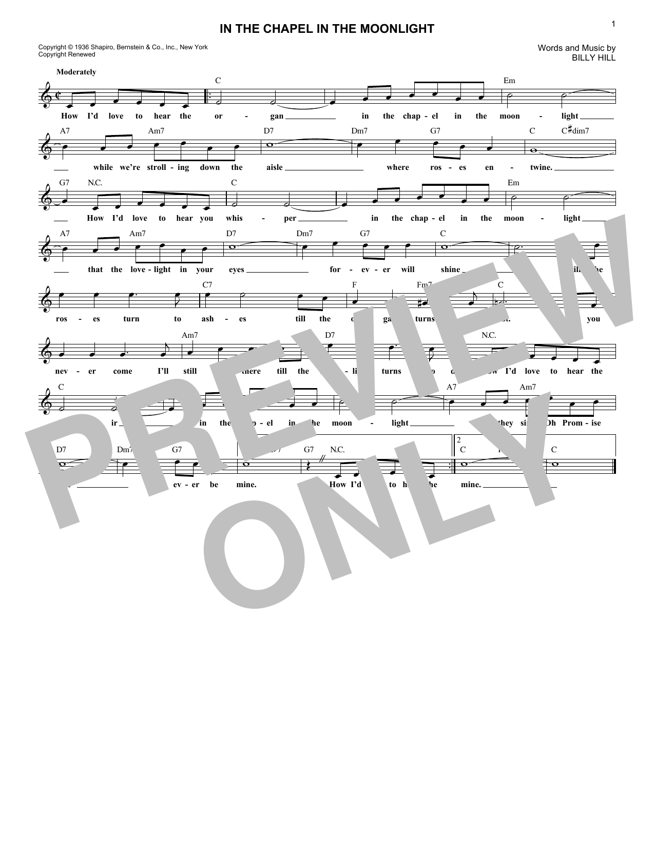 Billy Hill In The Chapel In The Moonlight sheet music notes and chords arranged for Lead Sheet / Fake Book