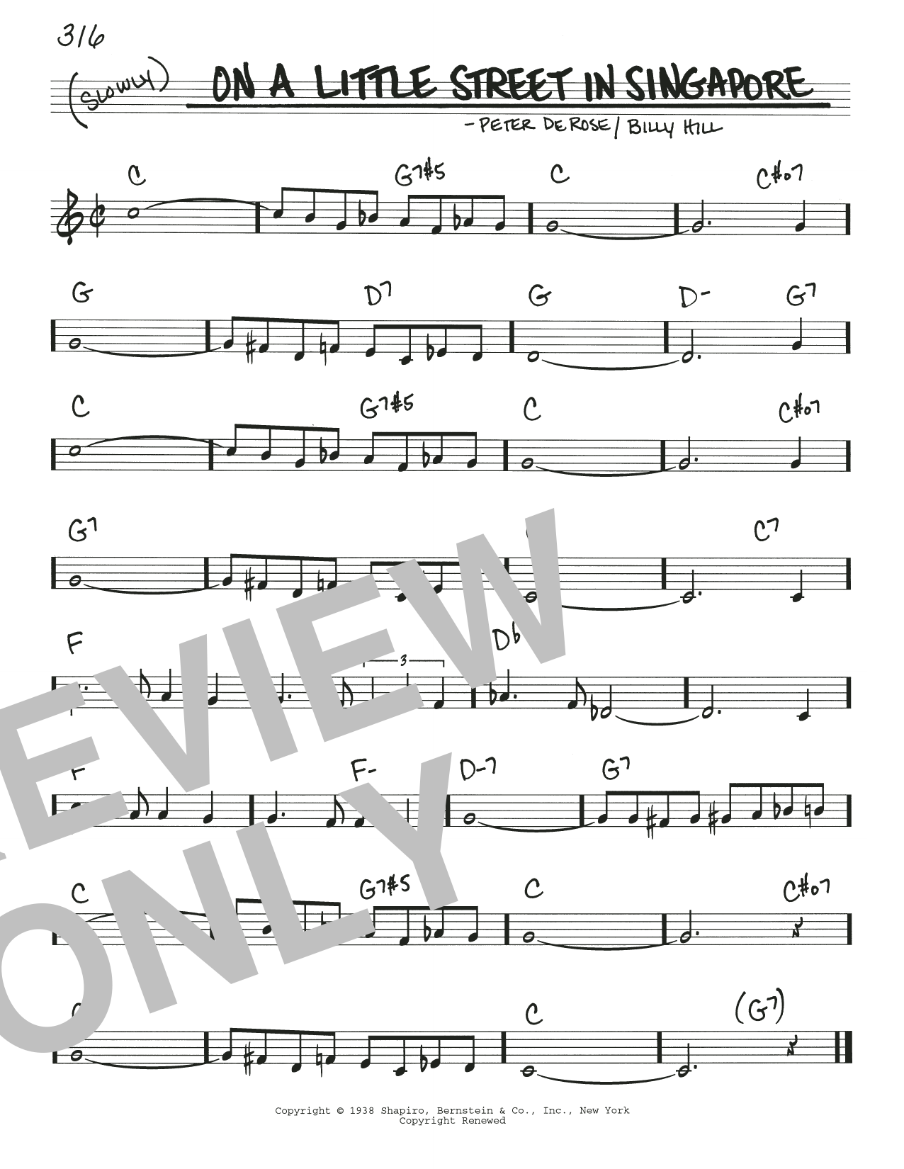 Billy Hill On A Little Street In Singapore sheet music notes and chords arranged for Real Book – Melody & Chords