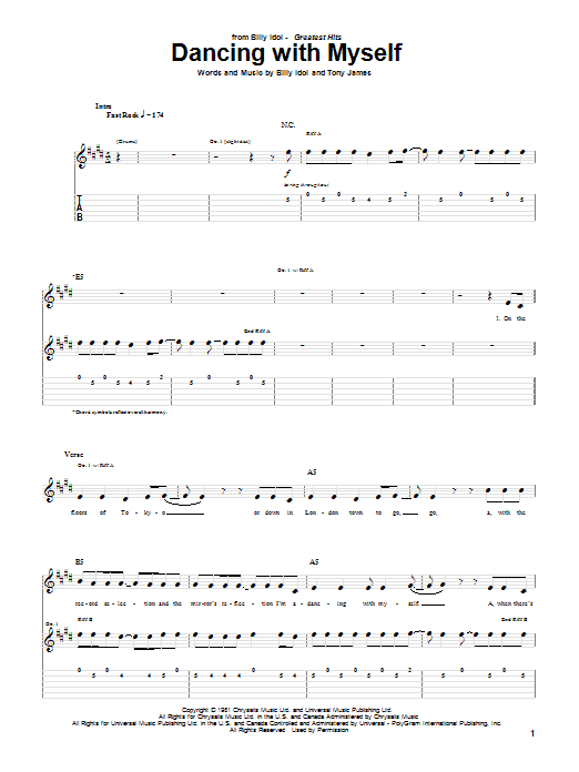 Billy Idol Dancing With Myself sheet music notes and chords arranged for Guitar Tab (Single Guitar)