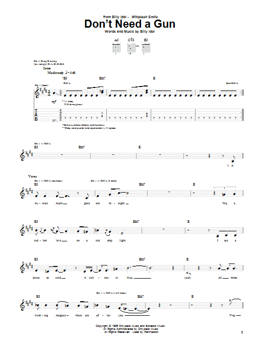 Billy Idol Don't Need A Gun sheet music notes and chords arranged for Piano, Vocal & Guitar Chords (Right-Hand Melody)