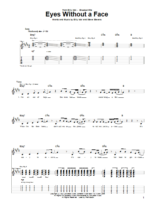 Billy Idol Eyes Without A Face sheet music notes and chords arranged for Piano, Vocal & Guitar Chords (Right-Hand Melody)