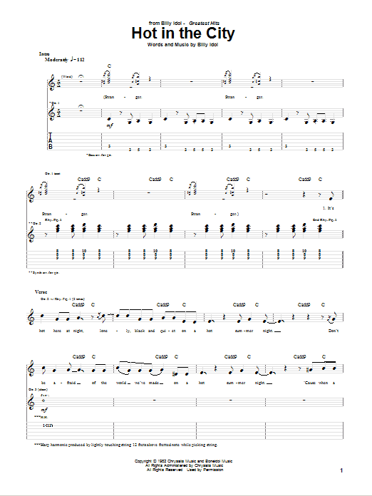 Billy Idol Hot In The City sheet music notes and chords arranged for Guitar Tab