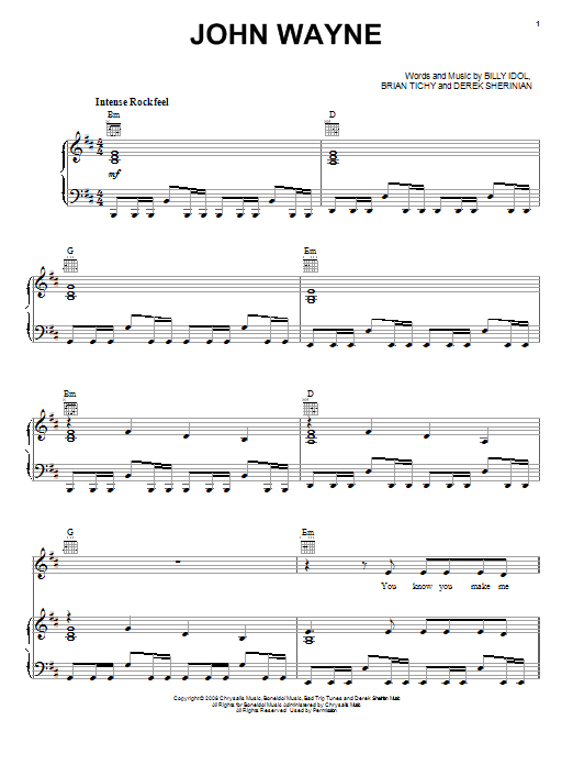 Billy Idol John Wayne sheet music notes and chords arranged for Piano, Vocal & Guitar Chords (Right-Hand Melody)