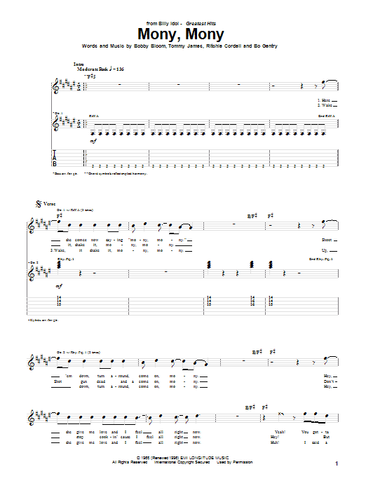 Billy Idol Mony, Mony sheet music notes and chords arranged for Guitar Tab