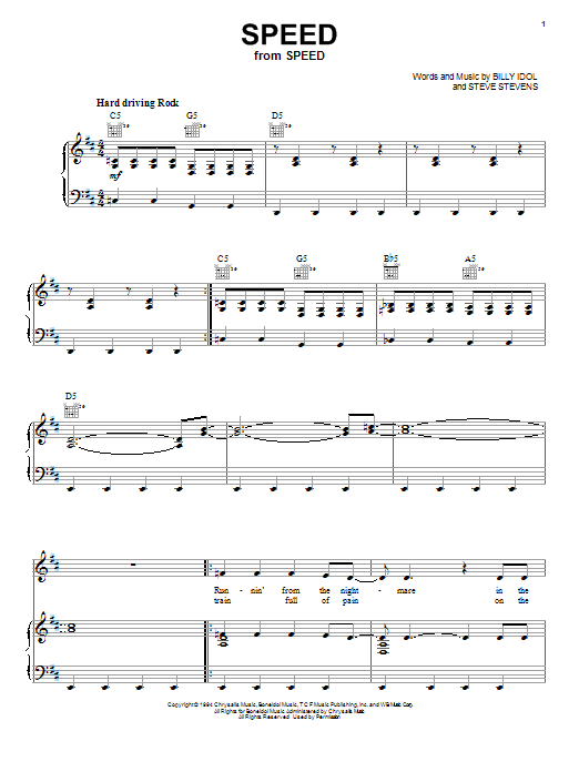 Billy Idol Speed sheet music notes and chords arranged for Piano, Vocal & Guitar Chords (Right-Hand Melody)