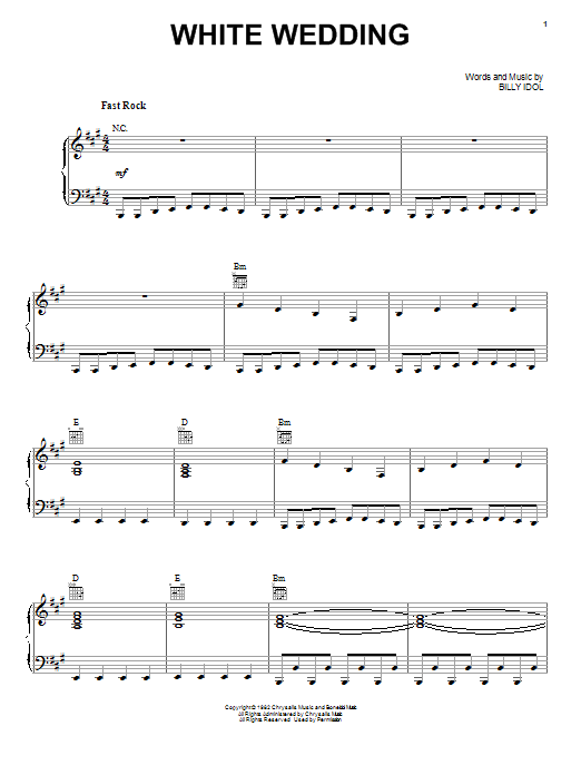 Billy Idol White Wedding sheet music notes and chords arranged for Piano, Vocal & Guitar Chords