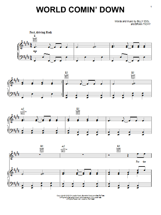 Billy Idol World Comin' Down sheet music notes and chords arranged for Piano, Vocal & Guitar Chords (Right-Hand Melody)