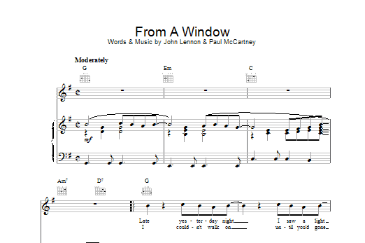 Billy J. Kramer From A Window sheet music notes and chords arranged for Piano, Vocal & Guitar Chords