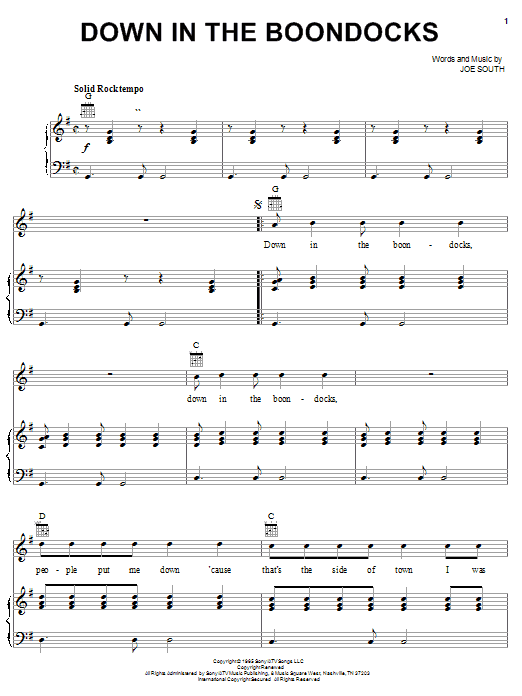 Billy Joe Royal Down In The Boondocks sheet music notes and chords arranged for Piano, Vocal & Guitar Chords (Right-Hand Melody)