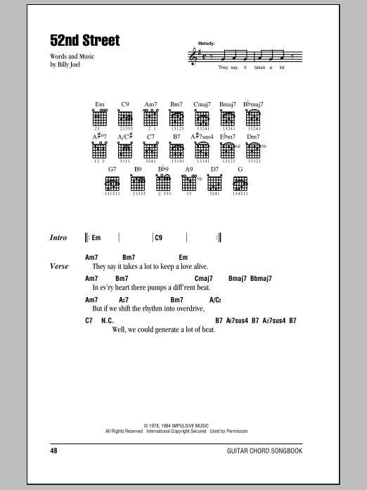 Billy Joel 52nd Street sheet music notes and chords arranged for Piano Chords/Lyrics