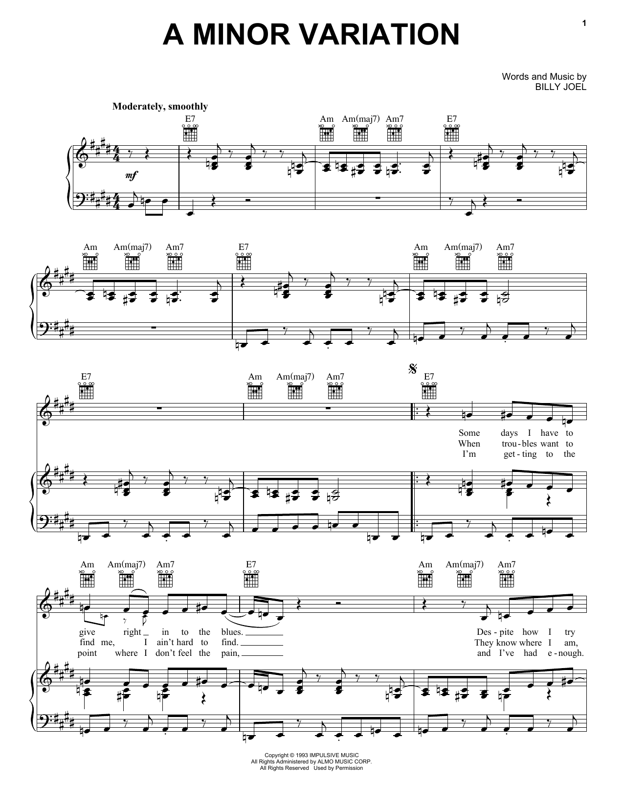 Billy Joel A Minor Variation sheet music notes and chords arranged for Piano, Vocal & Guitar Chords (Right-Hand Melody)