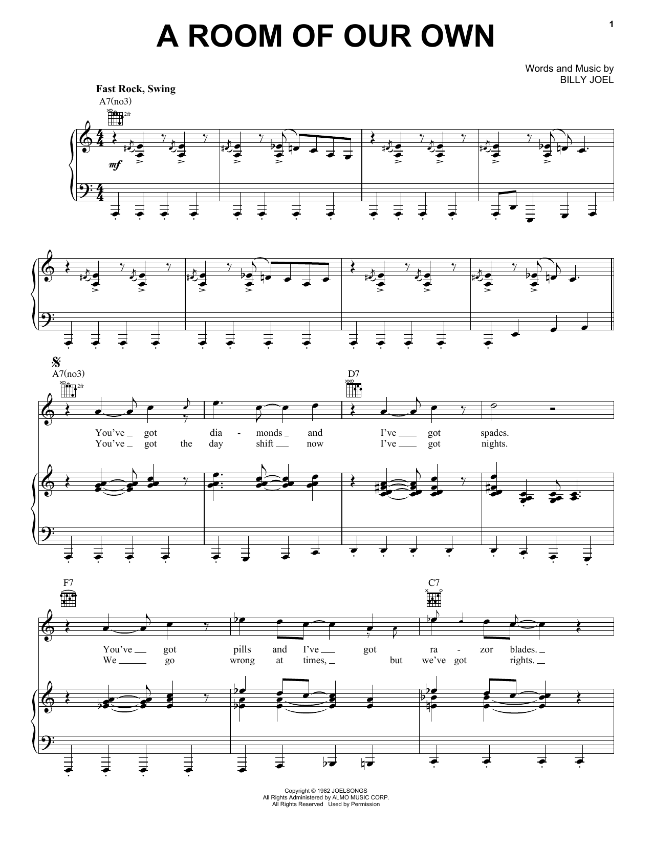 Billy Joel A Room Of Our Own sheet music notes and chords arranged for Piano, Vocal & Guitar Chords (Right-Hand Melody)
