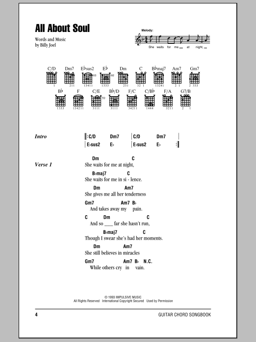 Billy Joel All About Soul sheet music notes and chords arranged for Piano, Vocal & Guitar Chords (Right-Hand Melody)