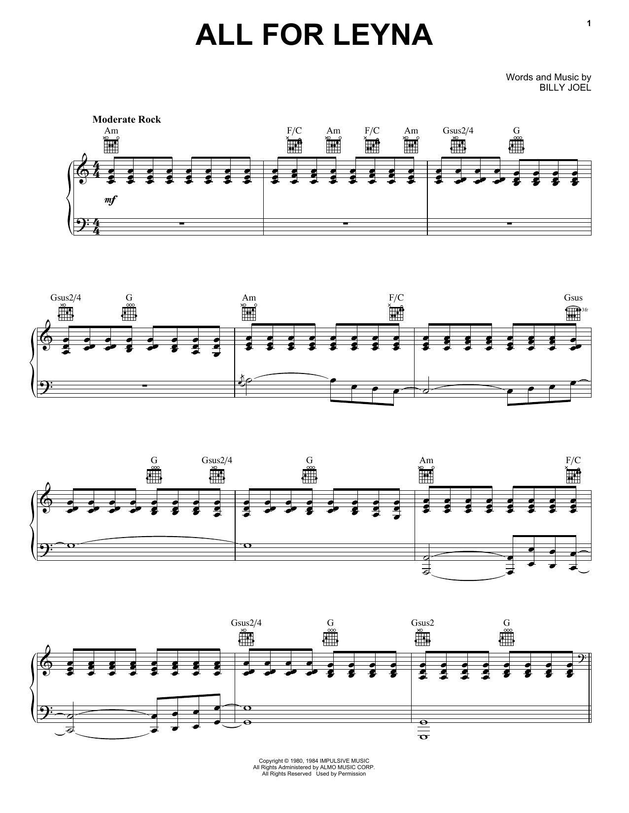 Billy Joel All For Leyna sheet music notes and chords arranged for Piano, Vocal & Guitar Chords (Right-Hand Melody)