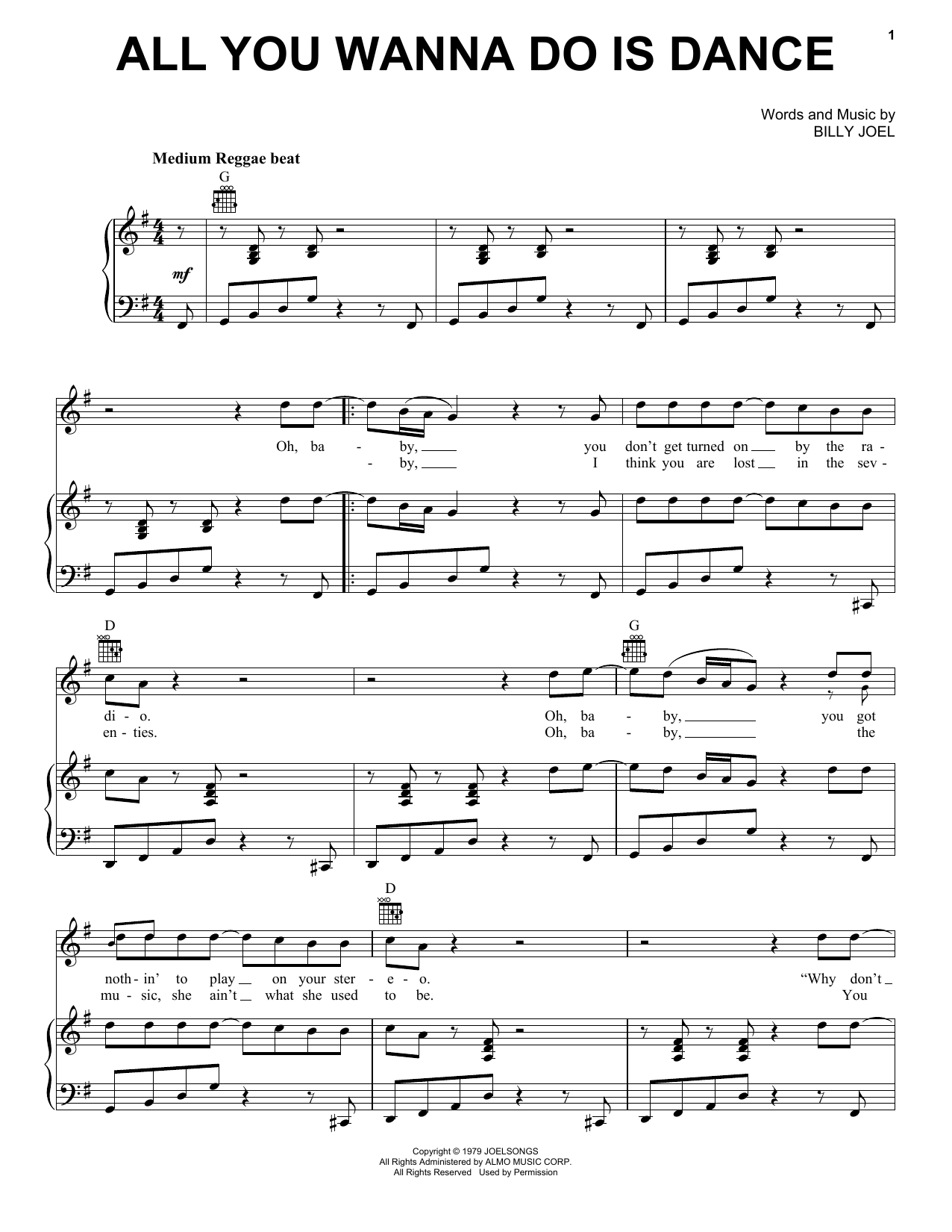 Billy Joel All You Wanna Do Is Dance sheet music notes and chords arranged for Piano, Vocal & Guitar Chords (Right-Hand Melody)