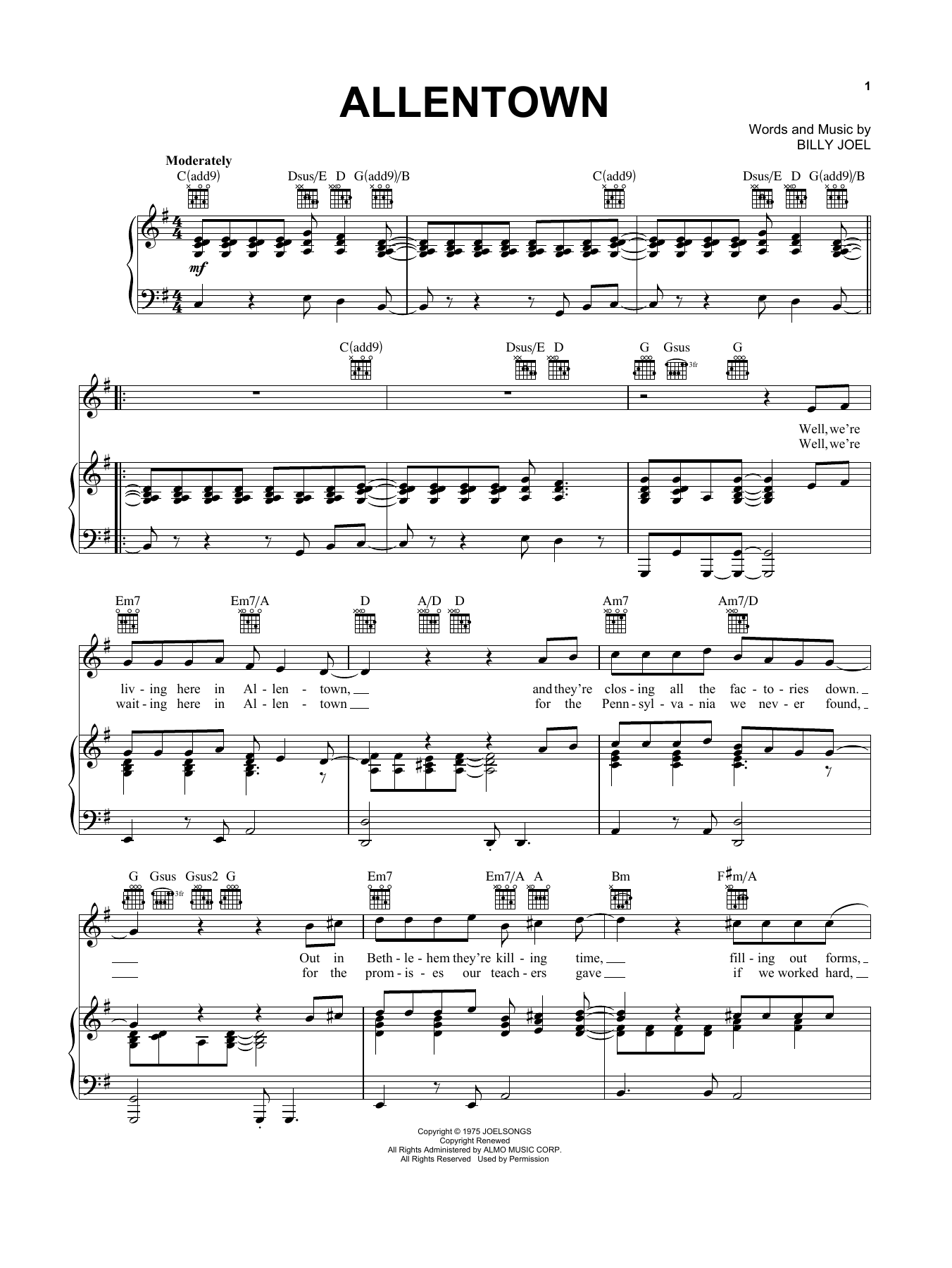 Billy Joel Allentown sheet music notes and chords arranged for Piano Chords/Lyrics