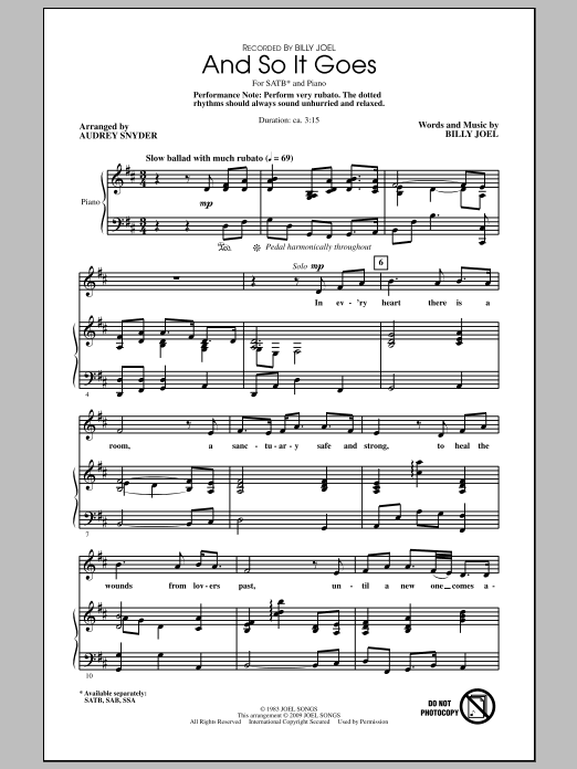 Billy Joel And So It Goes (arr. Audrey Snyder) sheet music notes and chords arranged for SAB Choir