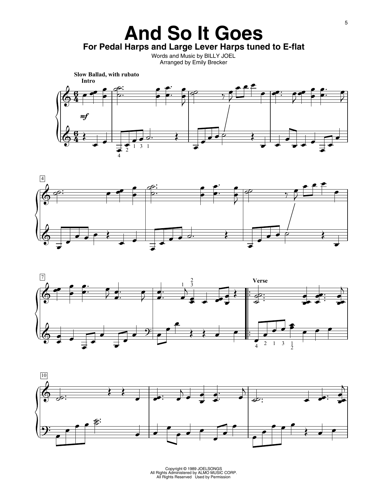 Billy Joel And So It Goes (arr. Emily Brecker) sheet music notes and chords arranged for Harp