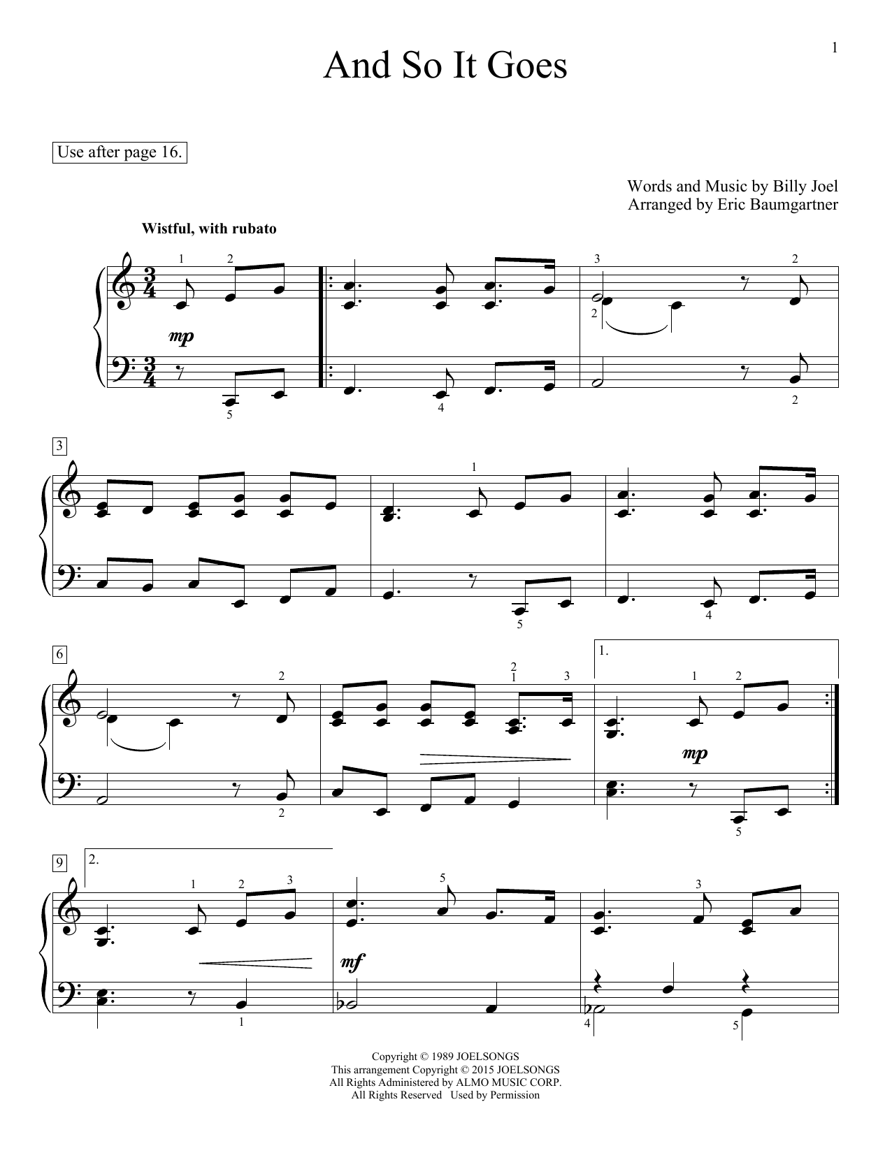 Eric Baumgartner And So It Goes sheet music notes and chords arranged for Educational Piano
