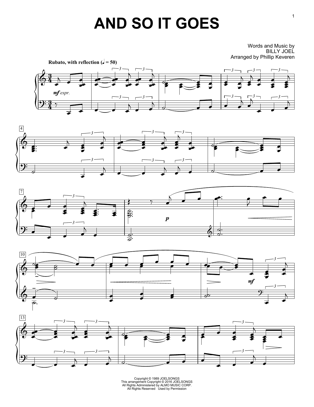 Billy Joel And So It Goes [Classical version] (arr. Phillip Keveren) sheet music notes and chords arranged for Piano Solo