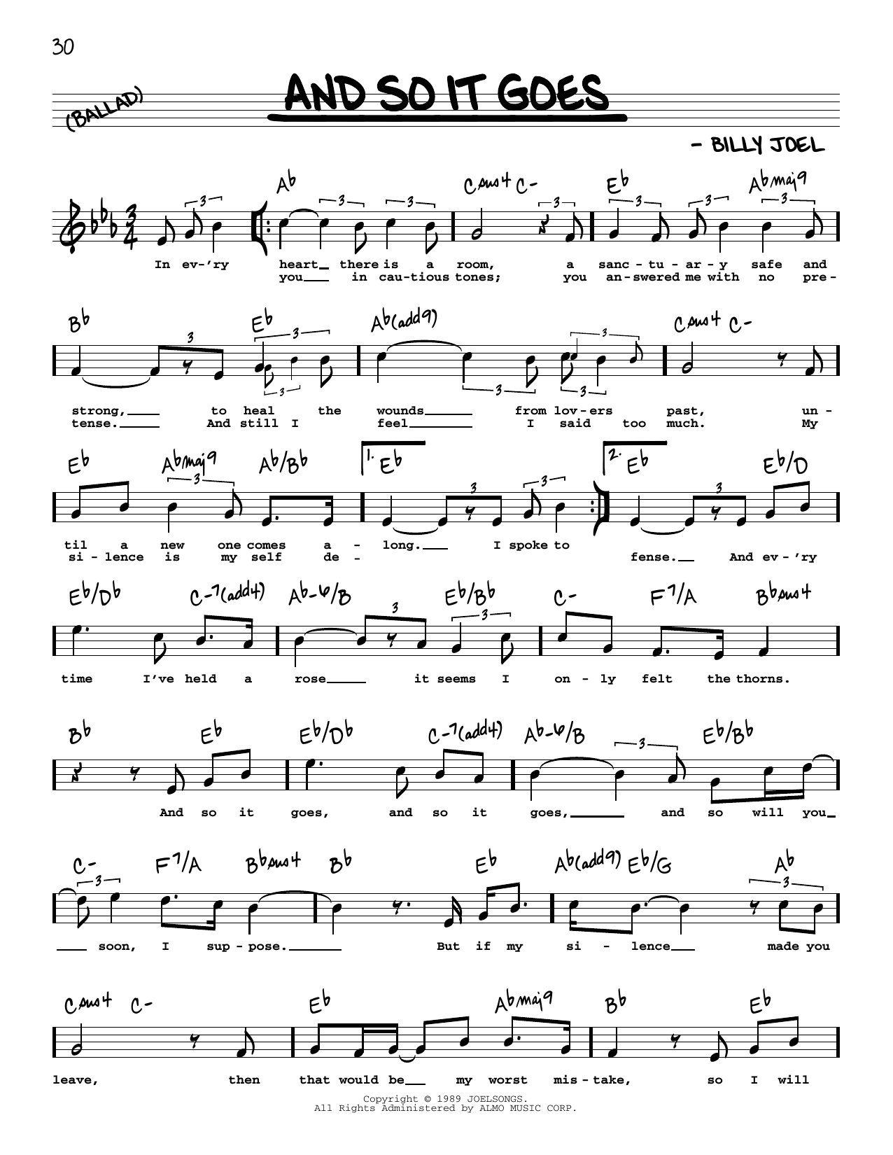 Billy Joel And So It Goes (High Voice) sheet music notes and chords arranged for Real Book – Melody, Lyrics & Chords