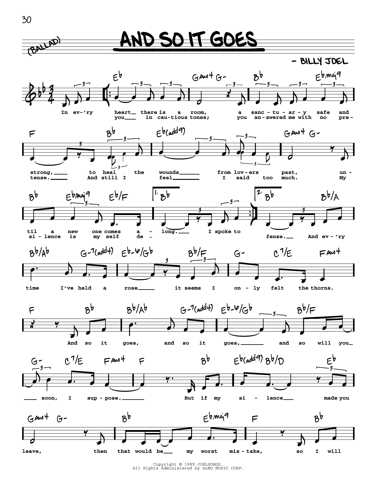 Billy Joel And So It Goes (Low Voice) sheet music notes and chords arranged for Real Book – Melody, Lyrics & Chords