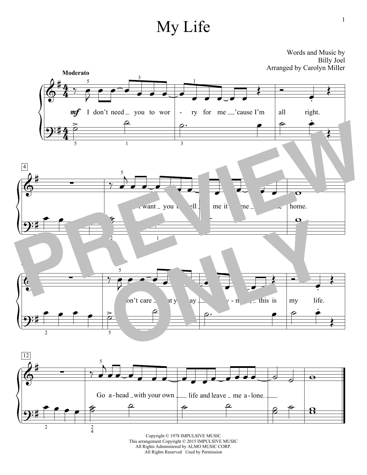 Billy Joel (Arr. Carolyn Miller) My Life sheet music notes and chords arranged for Educational Piano