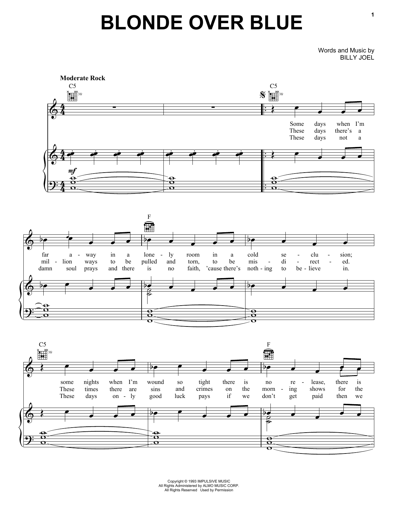 Billy Joel Blonde Over Blue sheet music notes and chords arranged for Piano, Vocal & Guitar Chords (Right-Hand Melody)