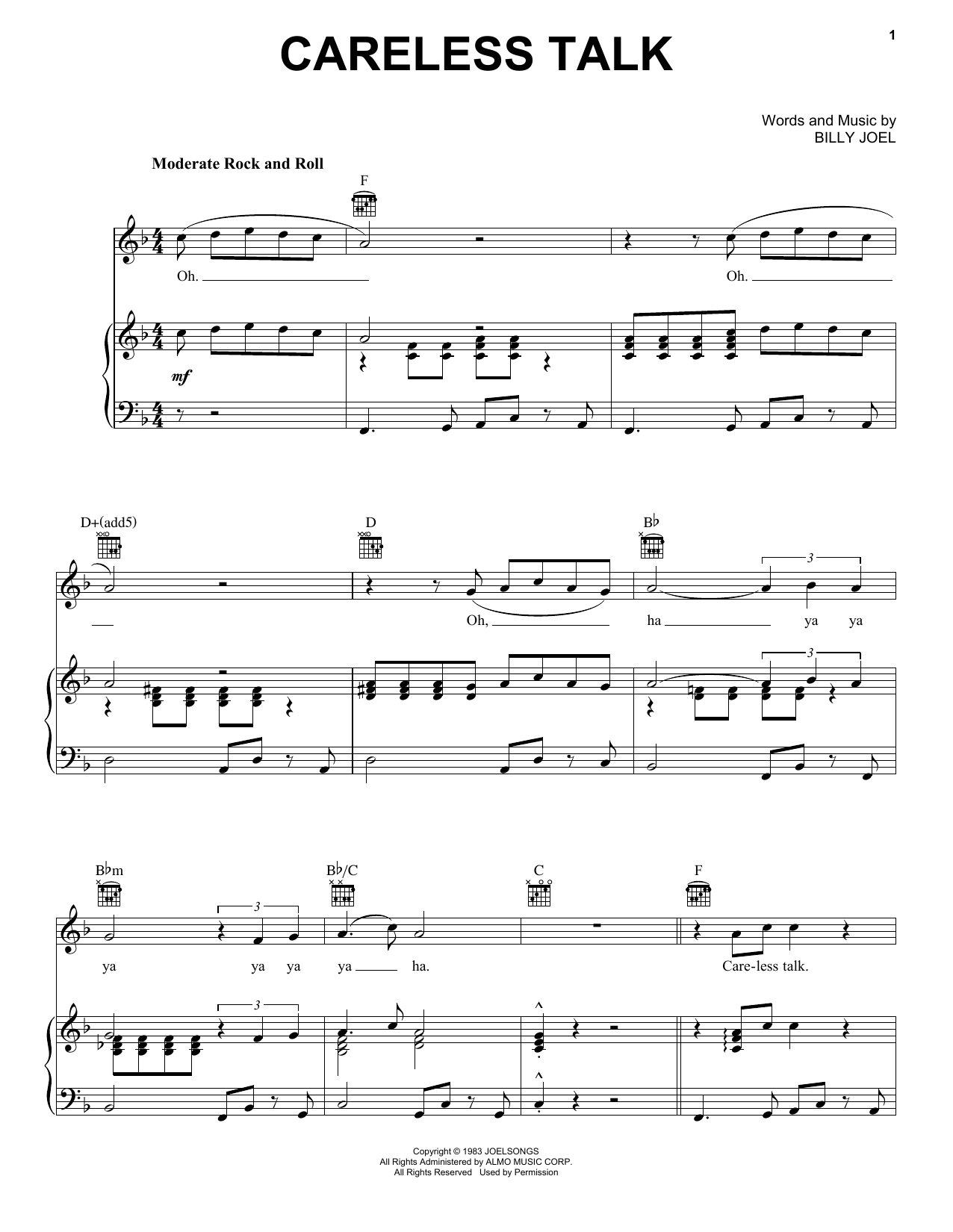 Billy Joel Careless Talk sheet music notes and chords arranged for Piano, Vocal & Guitar Chords (Right-Hand Melody)