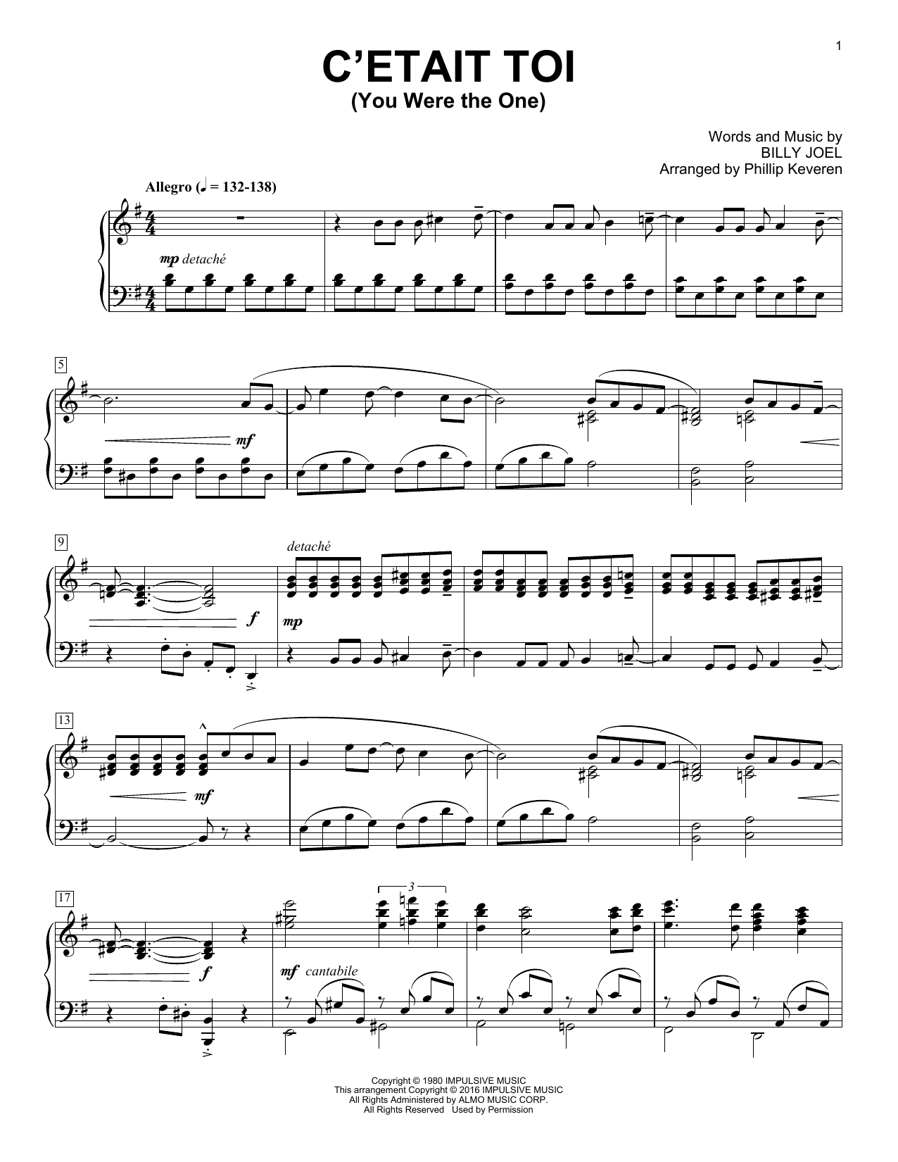 Billy Joel C'etait Toi (You Were The One) [Classical version] (arr. Phillip Keveren) sheet music notes and chords arranged for Piano Solo