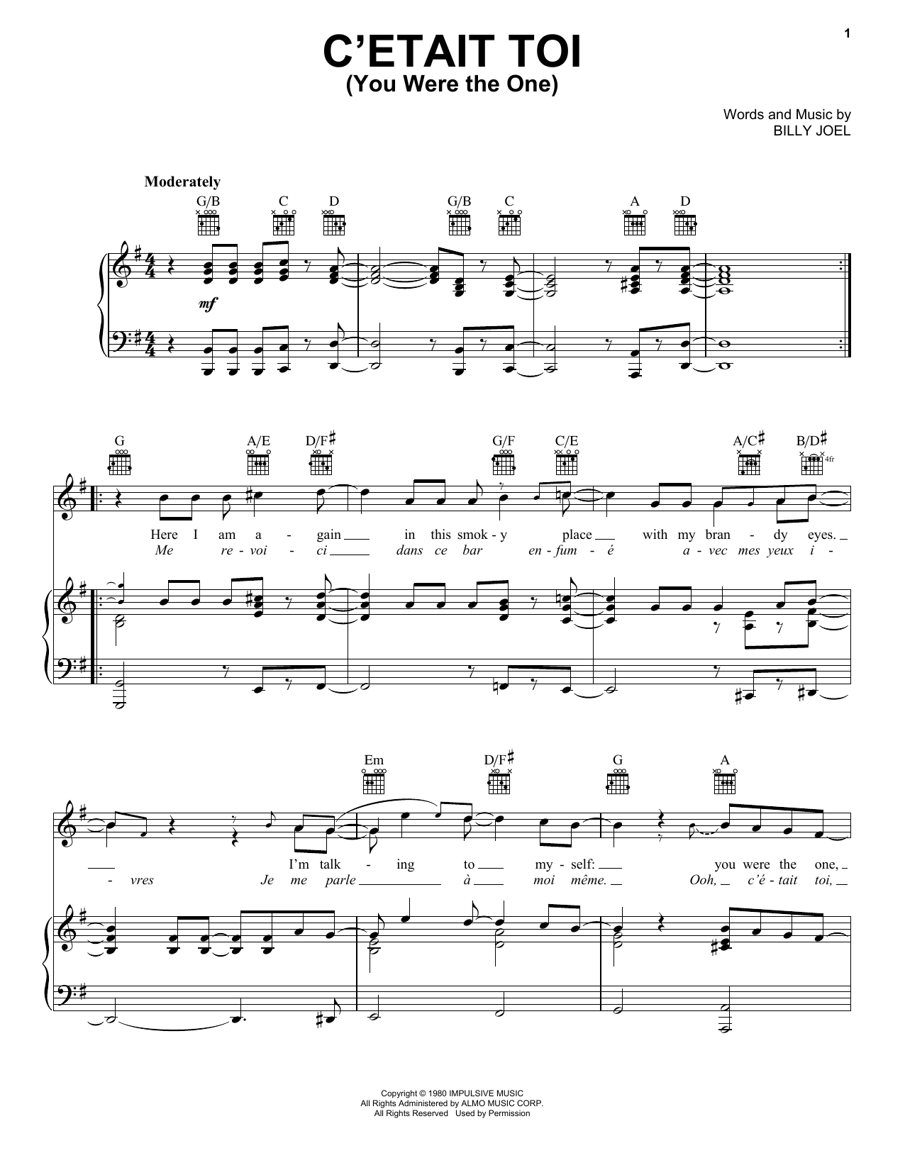 Billy Joel C'etait toi (You Were The One) sheet music notes and chords arranged for Piano, Vocal & Guitar Chords (Right-Hand Melody)