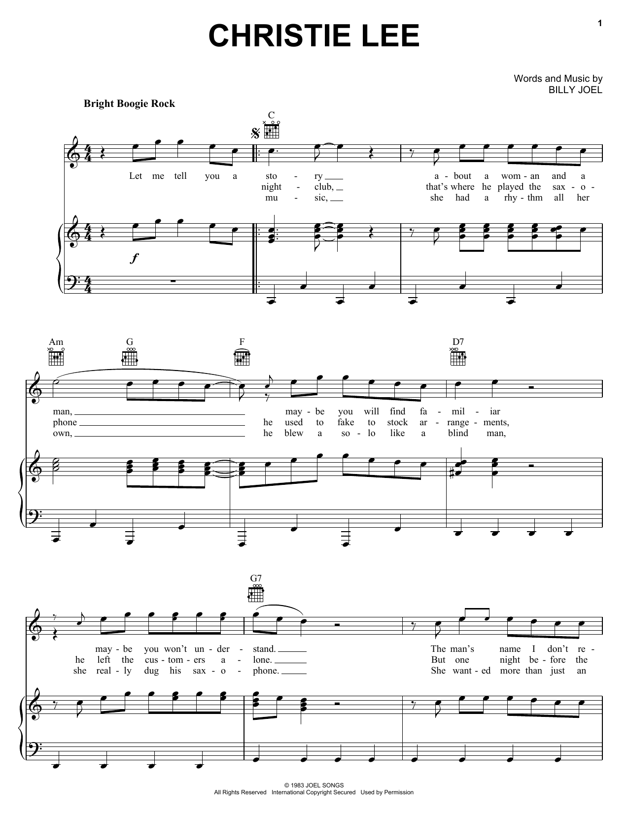 Billy Joel Christie Lee sheet music notes and chords arranged for Piano, Vocal & Guitar Chords (Right-Hand Melody)