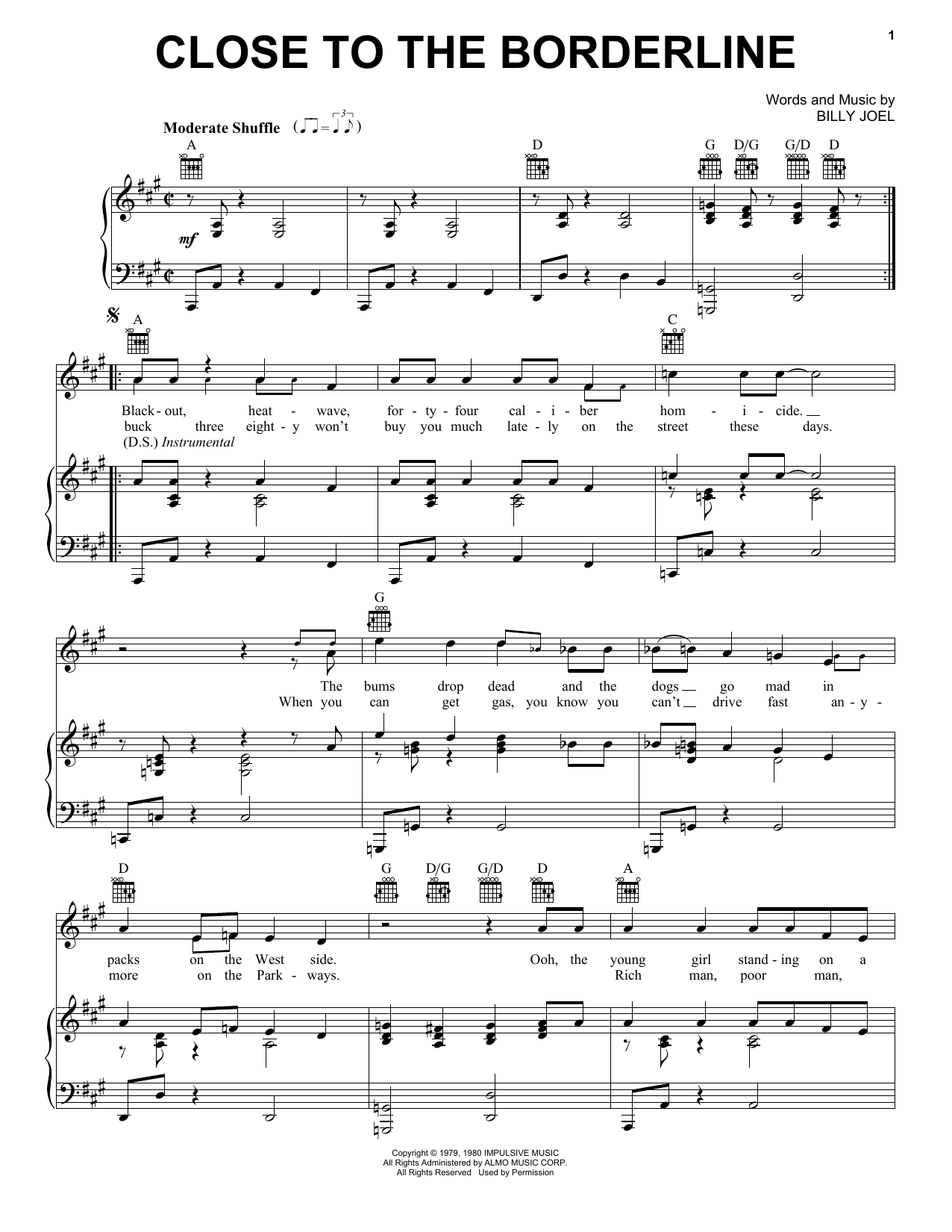 Billy Joel Close To The Borderline sheet music notes and chords arranged for Piano, Vocal & Guitar Chords (Right-Hand Melody)