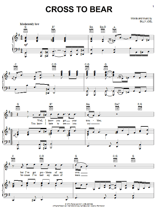 Billy Joel Cross To Bear sheet music notes and chords arranged for Piano, Vocal & Guitar Chords (Right-Hand Melody)
