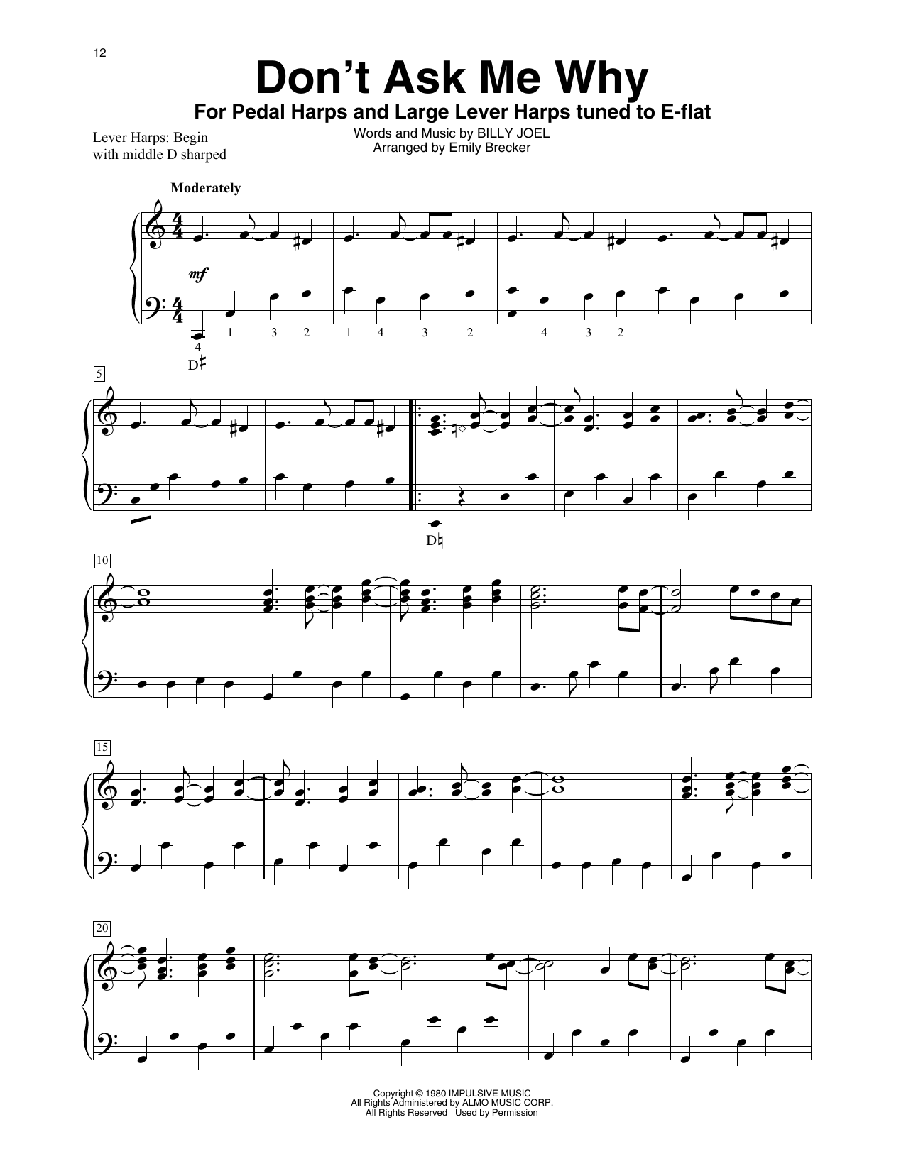 Billy Joel Don't Ask Me Why (arr. Emily Brecker) sheet music notes and chords arranged for Harp