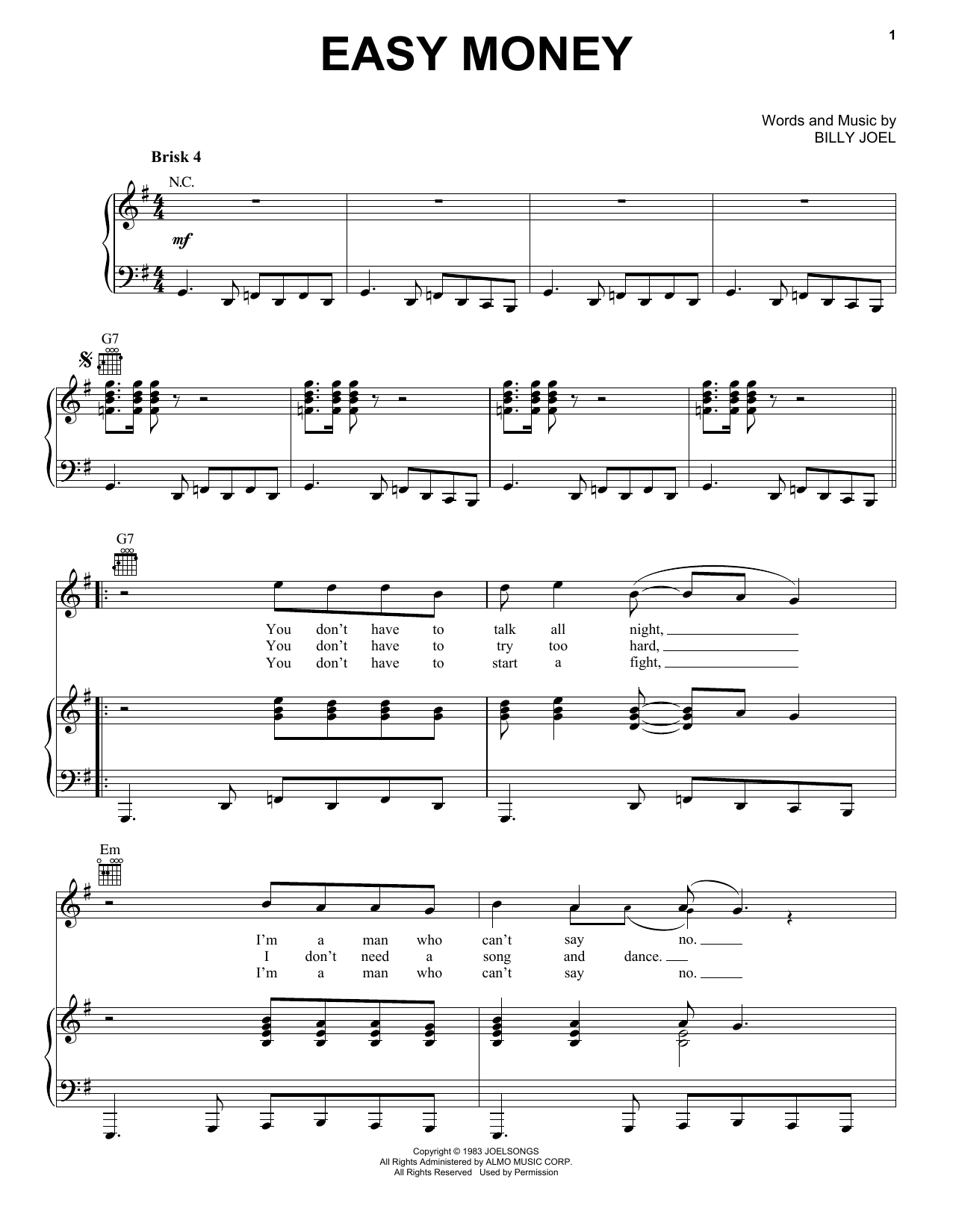 Billy Joel Easy Money sheet music notes and chords arranged for Piano, Vocal & Guitar Chords (Right-Hand Melody)